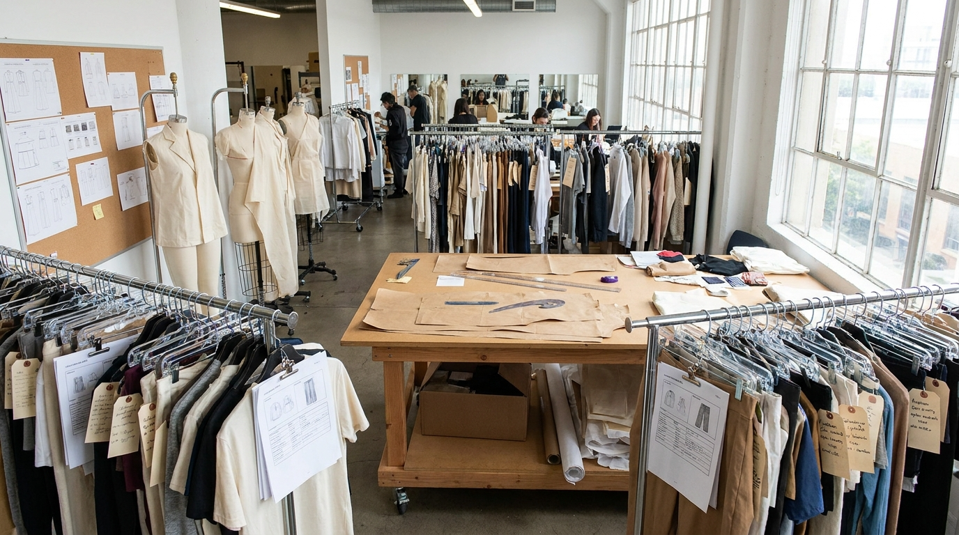 Apparel sample room with development garments on rolling racks