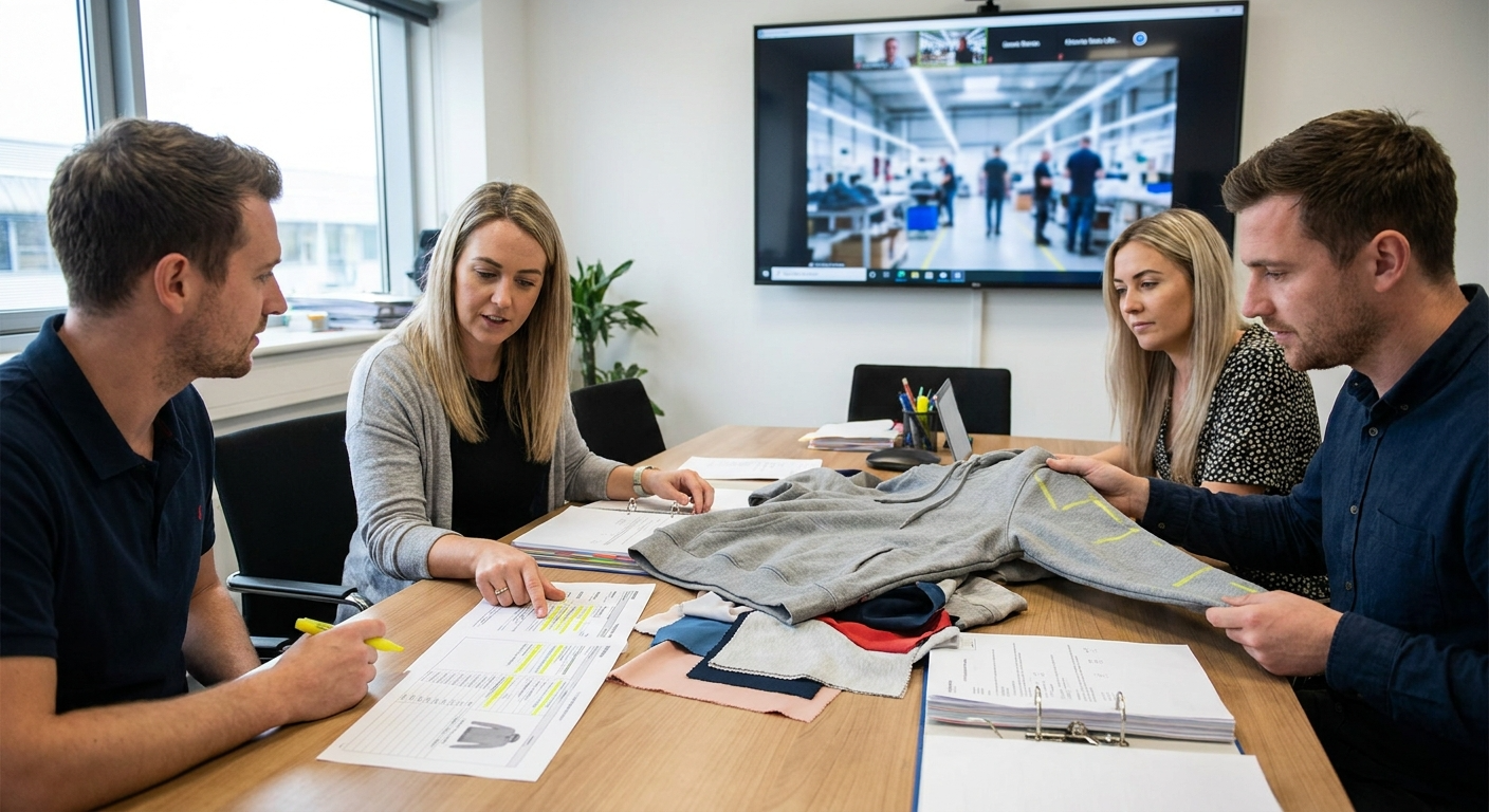 Buyer and factory team reviewing a pre-production apparel sample
