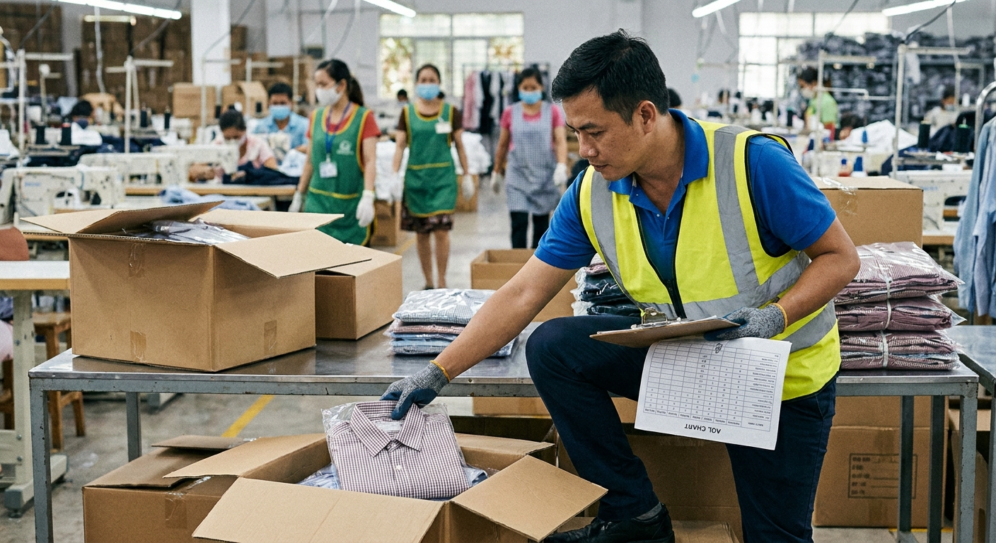 Independent auditor performing AQL inspection at apparel factory