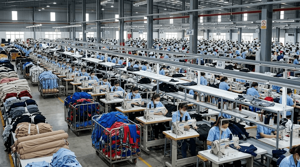 Sewing production floor with program-dedicated lines.