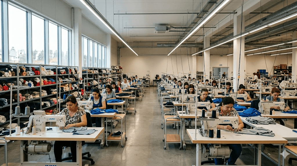 Apparel manufacturing floor with workers at sewing machines