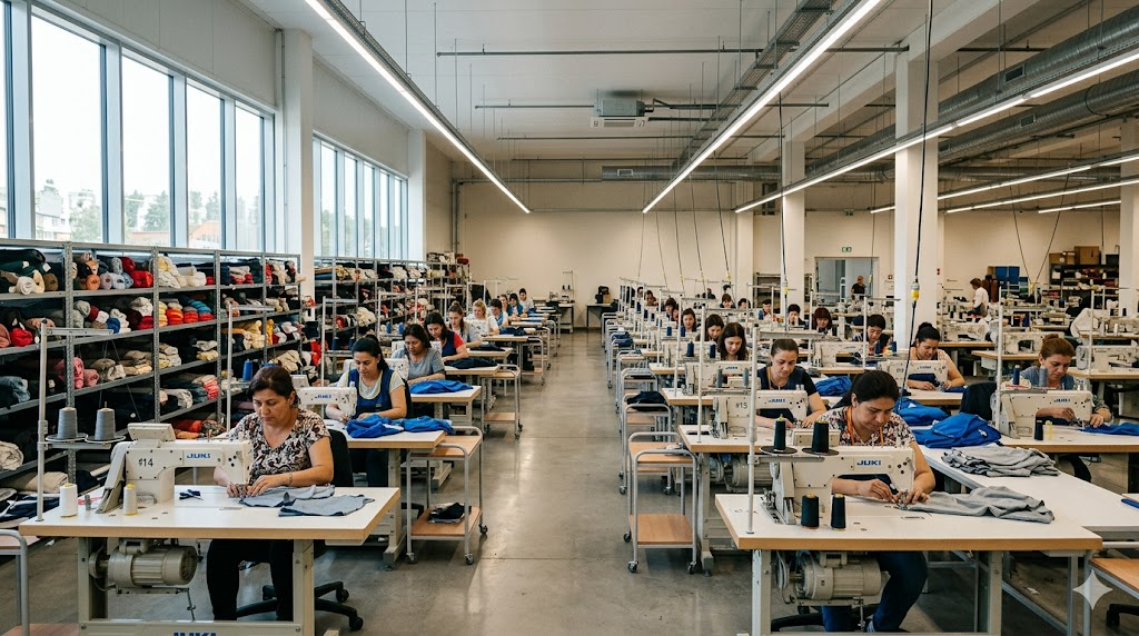Apparel manufacturing floor with workers at sewing machines