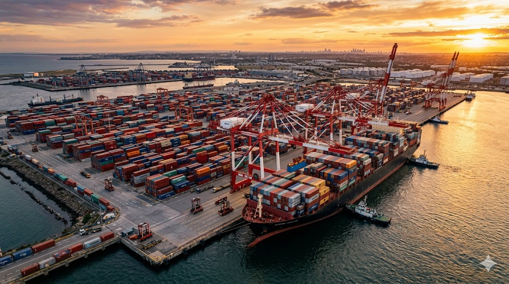 Aerial view of global shipping port with containers
